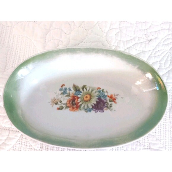 Antique G.H.O. Bavaria Lusterware Oval Dish Floral Center Green Iridescent Rim - Picture 2 of 8